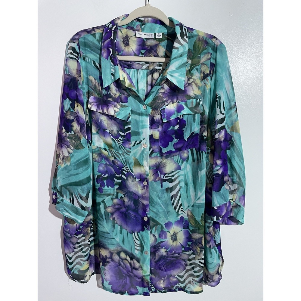 Susan Graver Top 1X Blue Sheer Artsy Animal Print Office Brunch Travel Floral